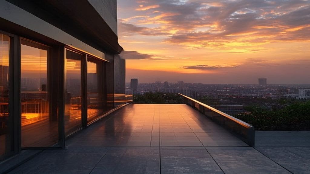 Valero glazing on a dusk terrace overlooking a city skyline