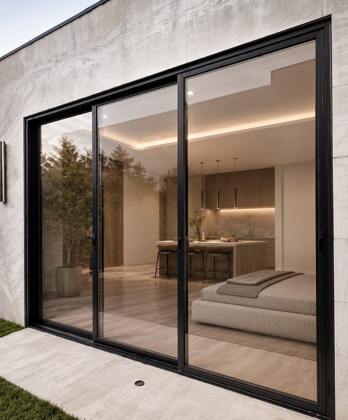 Valero sliding door opening onto a modern bedroom